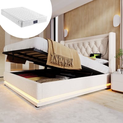 Gestoffeerd tweepersoonsbed 160*200 cm, beige katoen, hydraulisch opbergbed, gewatteerd hoofdeinde met USB Type-C oplaadfunctie, 3-zijdige LED-verlichting (inclusief matras)