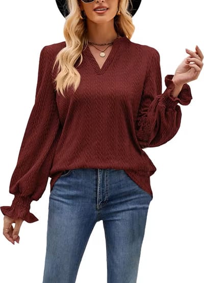 ASTRADAVI Casual Chic - Jacquard Dames V-Hals Blouse - Stijlvolle Top met Geplooide Mouwen - Wijnrood / Small