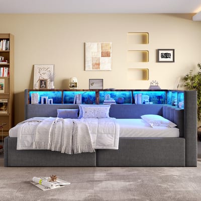 Wishdor Slaapbank 90x200 cm – Hydraulische Opbergruimte – USB en Type-C – LED met App – Linnen – Grijs