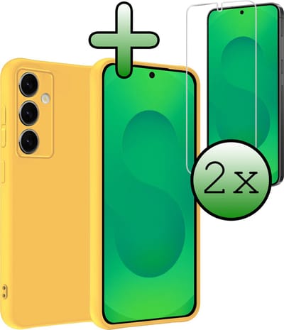 Hoesje Met 2x Screenprotector - Geschikt voor Samsung Galaxy S25 - Sterk & Shockproof - Back Cover - Siliconen Case - Telefoon Hoes - Geel
