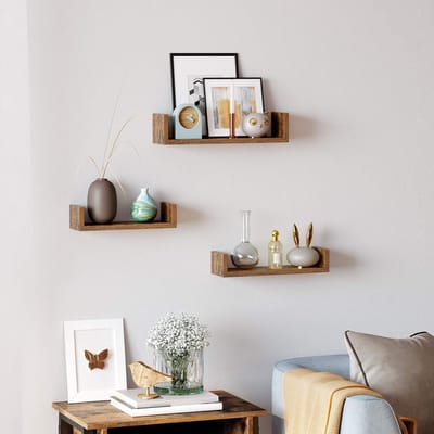 Famanu - U-vormige wandplanken set van 3, vintage bruin, zwevende planken voor woonkamer of kantoor