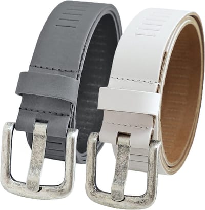 Landley Leren Geperforeerde Riemen Voordeelset - Duopack met 2 riemen - Breedte 4 cm - Dames en Heren - Echt Leer - Grijs en Wit - Lengte totaal 105 cm / Riemmaat 85