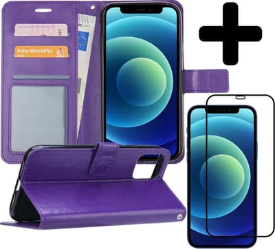 Hoesje - Met Screenprotector - Geschikt voor Apple iPhone 12 - Luxe Pasjeshouder - Flipcase - Bookcase Portemonee - Flip Case - Kunstleer Book Case - Book Cover - Walletcase - Portemonneehoes - Telefoonhoes - Paars