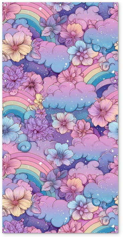 Tuinposter 100x200 cm - Tuindecoratie Regenbogen - Bloemen - Kleurrijk - Wolken - Poster voor in de tuin - Buiten decoratie - Schutting tuinschilderij - Tuindoek muurdecoratie - Wanddecoratie balkondoek