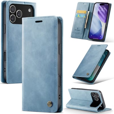 Casemania Hoesje Geschikt voor Apple iPhone 17 Pro - Aqua Blue - Luxe Kunstleer Dunne Telefoonhoesje met Pasjeshouder en Standaardfunctie - Slim Wallet Case - Licht Blauw