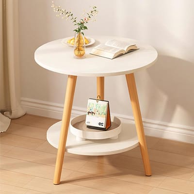 Ronde bijzettafel - Nachtkastje tafel - Woonkamer inrichting - Twee niveaus - 50 cm breed - Wit