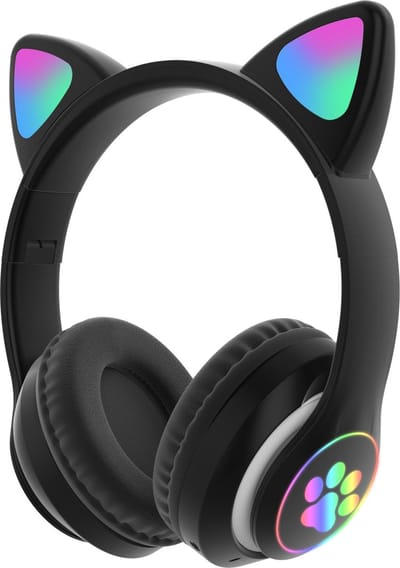 Framehack - Kinder hoofdtelefoon - cat headphones | Draadloze koptelefoon Bluetooth met led kattenoortjes zwart | Koptelefoon voor Kinderen - Met Led Kat Oortjes | met verlichting poot