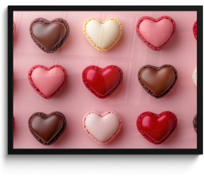 Poster in lijst - Fotolijst 70x50 cm - Posters - Macarons - Hartjes - Kleurrijk - Roze - Posterlijst zwart - Decoratie - Wanddecoratie woonkamer - Muurdecoratie slaapkamer