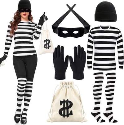 Dames kostuum voor dieven met hoed, shirt, masker, handschoenen en tas - Perfect voor carnaval en themafeesten