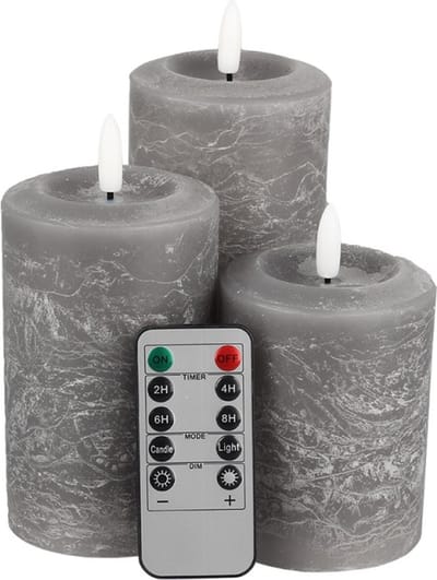 LED Kaarsen 3 stuks-Batterijkaarsen, zuilkaarsen Werkt op batterijen met afstandsbediening en timer-Grijs