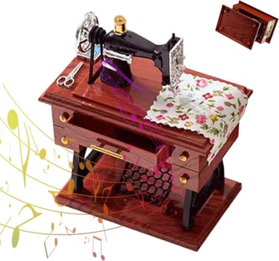 Naaimachine Muziekdoos - Decoratie Ornament - Bureau Decoratie - Handslinger Mechaniek - 17.1 cm Hoog - Zwart
