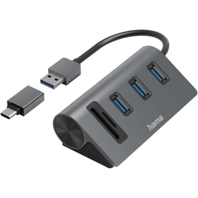 Hama 00200140 USB-hub 5 poorten USB-A, Micro-SD, SD USB 3.2 Gen1 5 GBit/s Met ingebouwde SD-kaartlezer, Met USB-C stekker Grijs