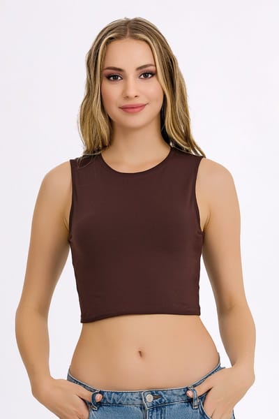 Crop Top Dames en Meisjes ilke® - Mouwloos - Ronde Hals - Bruin - XS