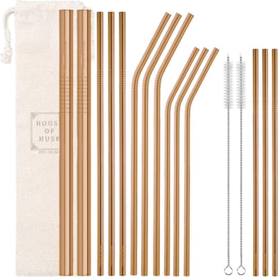 House of Husk Metalen Rietjes Rose Goud - RVS - Herbruikbare Rietjes - Boba - Smoothie - Smal en Breed - 16 delig - Inclusief Reinigingsborstels en Opbergtas