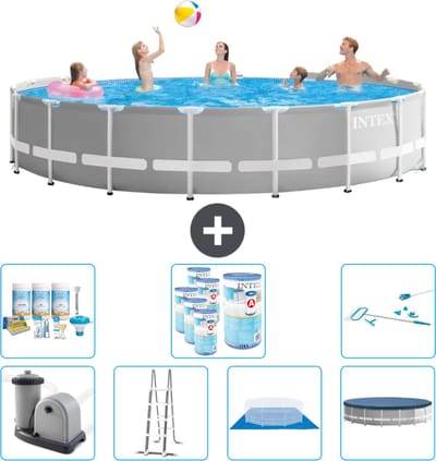 Intex Rond Prism Frame Zwembad - 548 x 122 cm - Grijs - Inclusief Pomp - Ladder - Grondzeil - Afdekzeil Onderhoudspakket - Filters - Schoonmaakset
