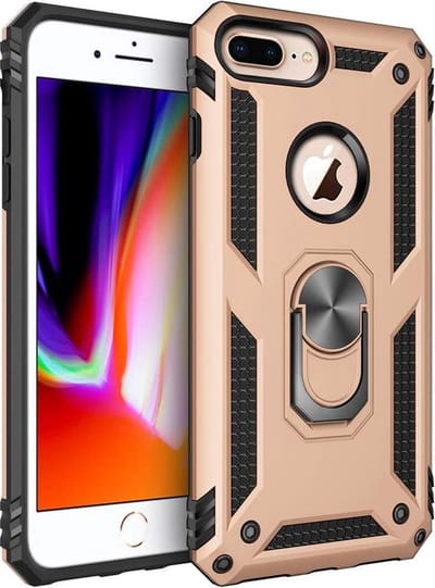 HB Hoesje Geschikt voor Apple iPhone 7 Plus - / 8 - Plus - Anti-Shock Hybrid Armor Back Cover - Hoes met Kickstand Ring - Goud