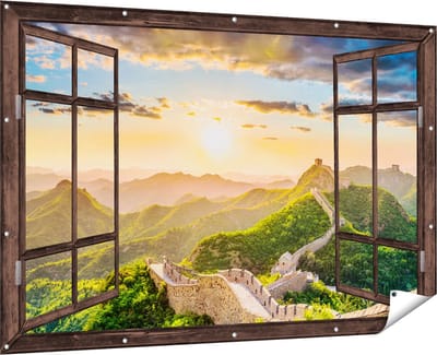 Gards Tuinposter Doorkijk De Chinese Muur door de Bergen met Zon - 180x120 cm - Tuindoek - Tuindecoratie - Wanddecoratie buiten - Tuinschilderij