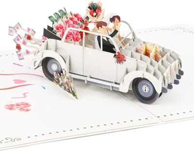 3D Pop-Up Trouwauto Kaart met Envelop, Perfect voor Bruid en Bruidegom, Huwelijksverjaardag en Koppels, Wit Design