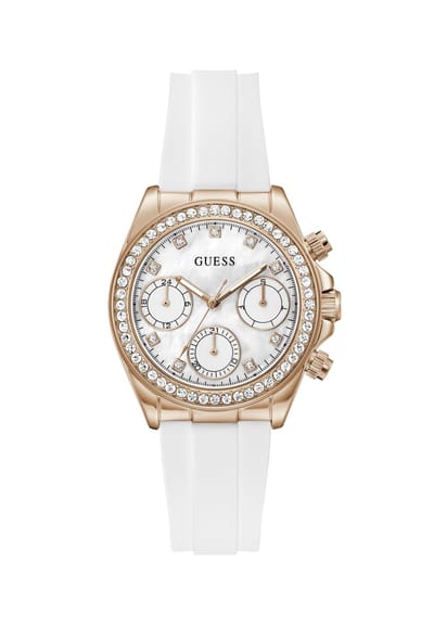 Guess Victoria Quartz Analoog Horloge Wit Kast Gemaakt Van 100% Roestvrij Staal En Een Armband Van 100% Siliconen 36 GW1038L1, GW1038L2, GW1038L4