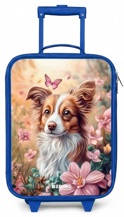 NoBoringSuitcases.com® - Kinderkoffer blauw - Kindertrolley jongen - Hond in bloemenveld met vlinders - Koffer kind lichtgewicht - Reiskoffer trolley voor kinderen - Koffertje met lichtgevende wieltjes - Rolkoffer