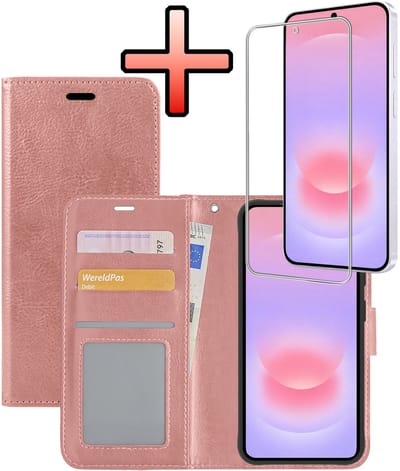 Hoesje - Met Screenprotector - Geschikt voor Samsung Galaxy A37 - Luxe Pasjeshouder - Bookcase Portemonee - Flip Case - Kunstleer Book Case - Flipcase - Book Cover - Walletcase - Portemonneehoes - Rosé goud