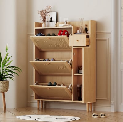 DESMIU Schoenenkast - Smal Ontwerp Met 3 Kleppen En 1 Lade - Voor Hal En Kleine Ruimtes - MDF En Hout - 90x17x125 Cm - Naturel