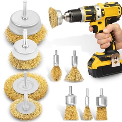 9-delige set metaalborstels voor de boormachine - messing gecoat voor reiniging en oppervlaktebewerking