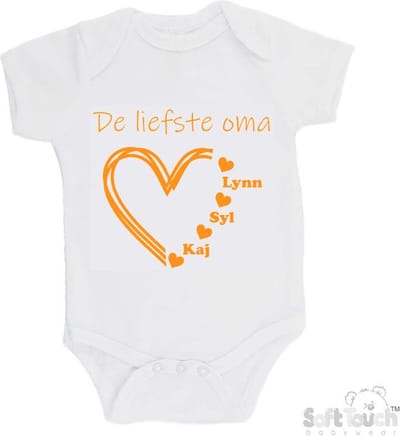 100% katoenen Romper "De liefste oma met de namen van 3 kleinkinderen" Unisex Katoen Wit/mosterd Maat 56/62