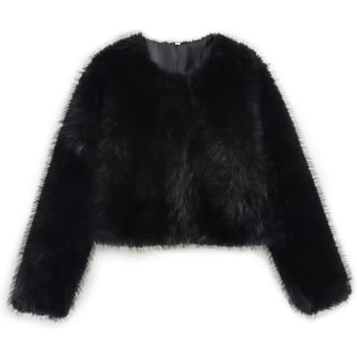 Jas van imitatiebont Herfst/Winter Mode Dames Imitatiebont Effect Ronde Hals Lange Mouw Kort Jasje M black