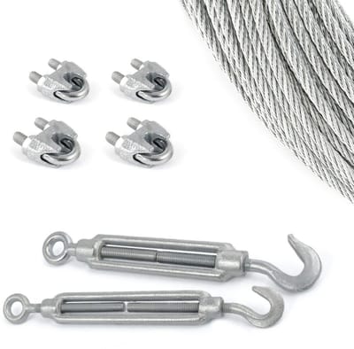 DQ-PP STAALKABEL SET 9 - 3 mm 6x7 Middelzacht - 10 meter - Gegalvaniseerd Staal - 2x Spanschroef Haak-oog M5 - 4x Kabelklemmen Beugel 3 mm - Staalkabel voor Klimhulp Kabel Draad Bosbouwkabel