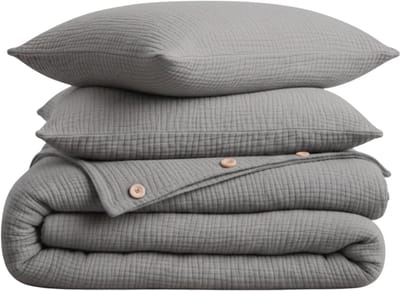 Dekbedovertrek, 4-laags Mousseline, 100% Katoen, Tweepersoons, 200x220 cm, Inclusief Hoeslaken & 2 stuks Kussenslopen 60x70 cm, Grijs, Knoppen van Kokosnoot, Ademend & Comfortabel, Dekbedovertrekset, Hoge Kwaliteit, Dekbedovertrekken, De Linde Home