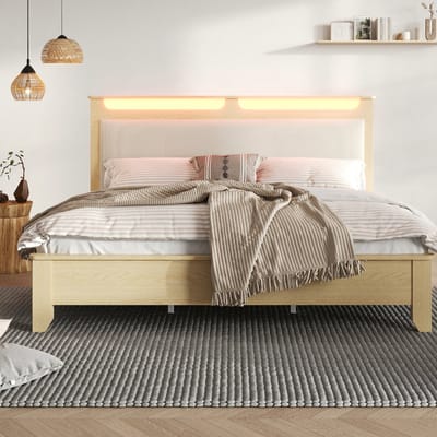 VVBV Gestoffeerd Bed 160x200 cm met LED-Verlichting, Hoofdbord - Houten Lattenbodem - Hout Eiken/Beige - Zonder Matras
