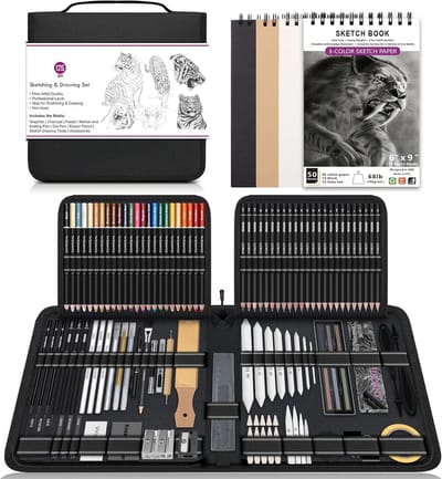 PromoHome 126 delige teken- en schetsset met 3-kleuren schetsboek, grafiet, houtskool, blending tools - Complete kunstbenodigdheden voor volwassenen en beginners