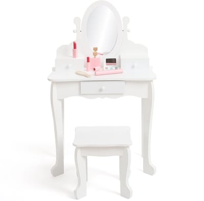 Kinderkaptafel set met spiegel en kruk - houten kaptafel voor meisjes speelgoed - wit