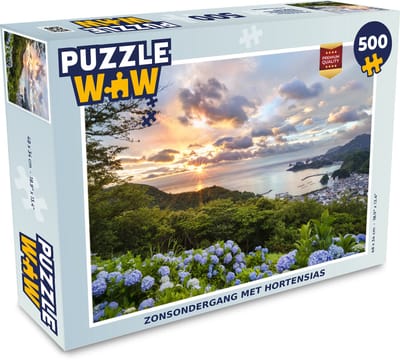 Puzzel Zonsondergang met hortensias - Legpuzzel - Puzzel 500 stukjes