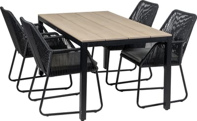 5-delige tuinset | 4 Mona tuinstoelen (Black) | 160cm Cyprus tuintafel (Wood)