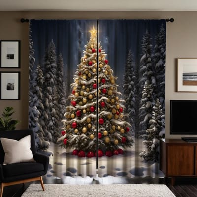 2 stuks HD kerstboom decoratie gordijn in sneeuwnacht Zwarte stropdas digitaal bedrukt gordijn Woondecoratie stijl decoratie l W52H63inchW132H160cm gray