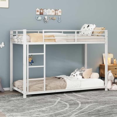 KOMHTOM Bunk Bed with Rectangular Ladder and Safety Barrier, Metal Bed Frame, Iron Slatted Stand, for Children, Teenagers (without Mattress) (White, 90 x 200 cm)