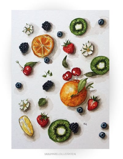 Fruit, wenskaart 10x15cm, illustratie aquarel en zwarte inkt MI272
