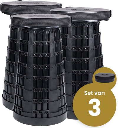 Alora Opvouwbare Kruk Extra Strong Zwart Per 3 - Telescopische Kruk - 250 Kg - Inklapbare Kruk - Draagbaar - Kampeerstoel - Opstapkrukje