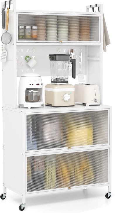 COSTWAY Keukenkast, hoog, keukenrek met wieltjes, buffetkast met klapdeuren, steekbord, haken en kantelbeveiliging, staand rek, hoge kast, voor keuken, eetkamer, woonkamer, 80 x 40 x 160 cm (wit)