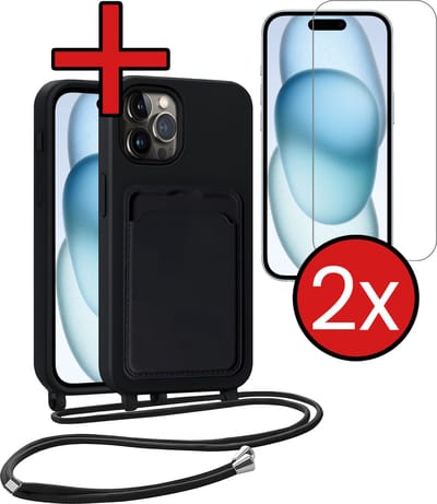Hoesje Geschikt voor iPhone 14 Pro Max Hoesje Met Telefoonkoord en Pasjeshouder Met 2x Screenprotector Siliconen - Hoes Geschikt voor iPhone 14 Pro Max Hoesje Met Kaarthouder Case - Zwart