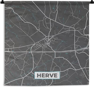 Wandkleed - Wanddoek - Plattegrond – Herve – Blauw – Stadskaart - Kaart - 180x180 cm - Wandtapijt