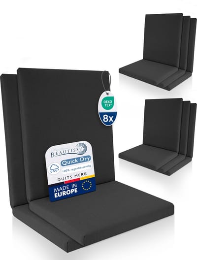 Beautissu QD-NL – Set van 8 Premium Tuinstoelkussens Lage Rug 105x48 cm – 100% Waterdicht – Weerbestendig – Sneldrogend – UV-bestendig – Antraciet