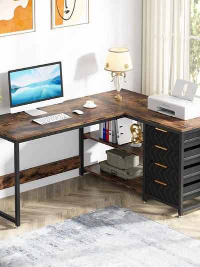 Questyr - L-vormig computerbureau met opbergladen - 59 inch hoekbureau met planken - omkeerbaar L-vormig bureau Studie