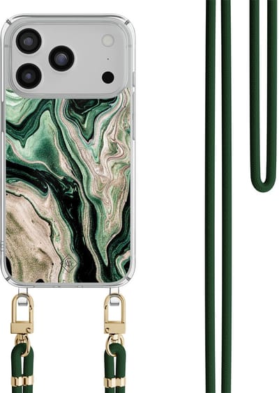 Casimoda® hoesje met groen koord - Geschikt voor iPhone 17 Pro Max - Groen marmer / Marble - Afneembaar koord - TPU/polycarbonaat - Groen