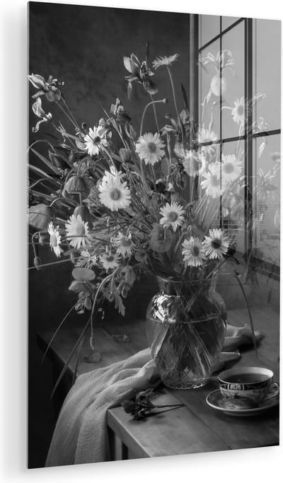 MuchoWow® Glasschilderij 40x60 cm - Schilderij acrylglas - Boeket - Bloemen - Olieverf - Stilleven - Zwart - Wit - Foto op glas - Muurdecoratie woonkamer - Wanddecoratie slaapkamer - Schilderijen