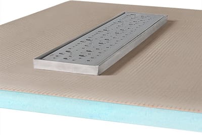Betegelbare doucheplaat 100 x 100 cm met goot Wiper Showerlay Mistral afvoer horizontale goot hoofdzijde betegelbaar douchebord douchebak gelijkvloers