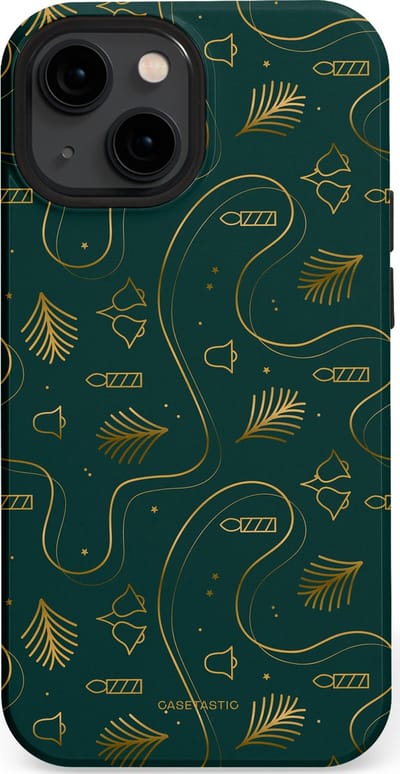 Casetastic hoesje geschikt voor Apple iPhone 13 mini - MagSafe - Dubbellaagse bescherming - Groene kerst bellen en takken - Fashion Case - Donkergroen Donkergrijs Petrol