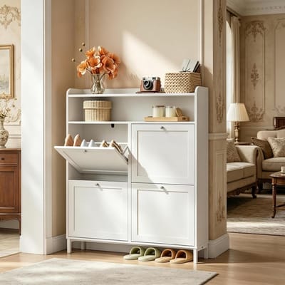 HAUSS SPOLE Schoenenkast - Smal Ontwerp Met 4 Kleppen En Opbergblad - Voor Hal En Entree - Spaanplaat En Metaal - 100x19,5x107 Cm - Wit